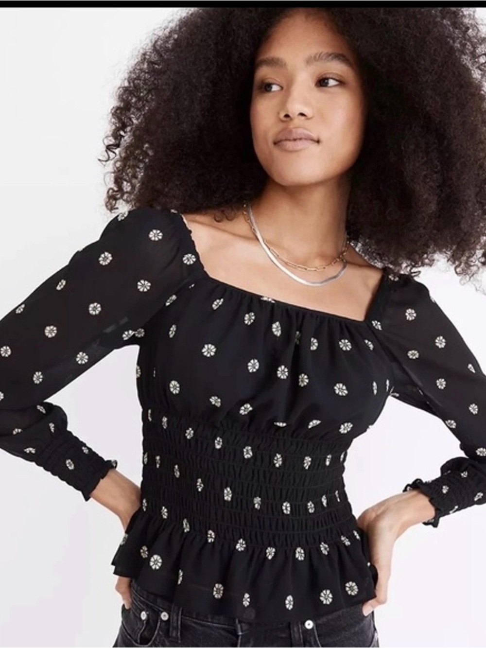 Madewell Black Blouse with Cream Floral Accents